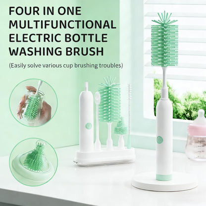 Rechargeable Electric Bottle Brush with Stand - 360° Spin Silicone Cleaner for Baby Bottles, Breast Pumps & Small Household Containers (Light Green)