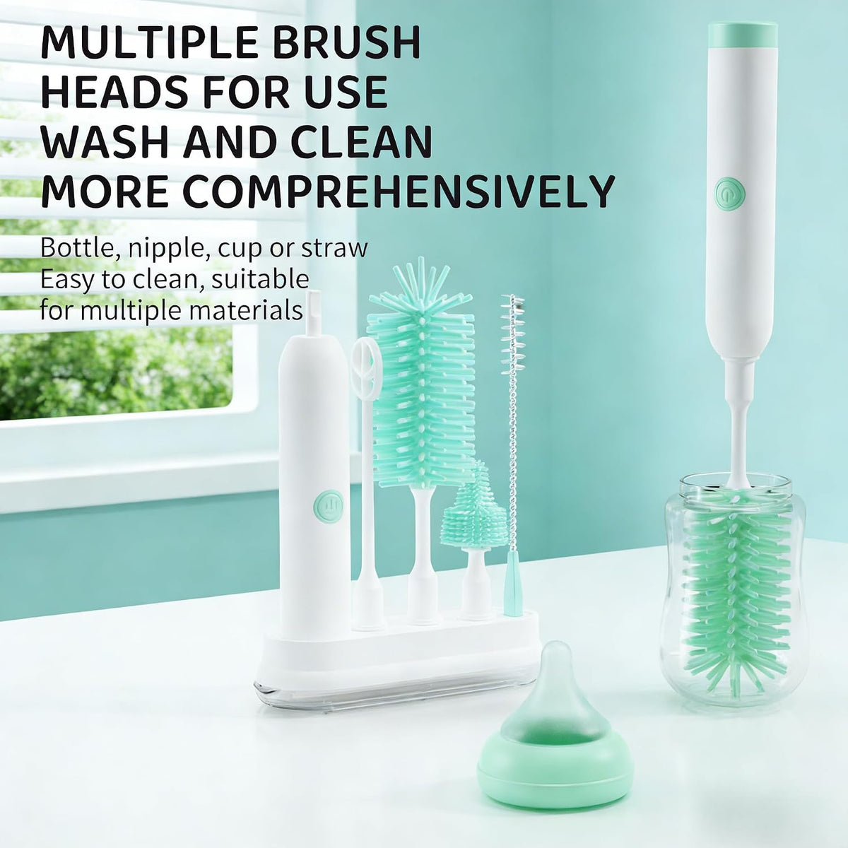 Rechargeable Electric Bottle Brush with Stand - 360° Spin Silicone Cleaner for Baby Bottles, Breast Pumps & Small Household Containers (Light Green)