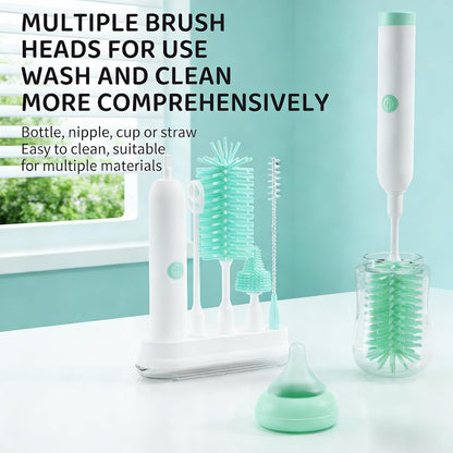 Rechargeable Electric Bottle Brush with Stand - 360° Spin Silicone Cleaner for Baby Bottles, Breast Pumps & Small Household Containers (Light Green)