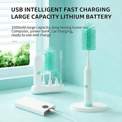 Rechargeable Electric Bottle Brush with Stand - 360° Spin Silicone Cleaner for Baby Bottles, Breast Pumps & Small Household Containers (Light Green)