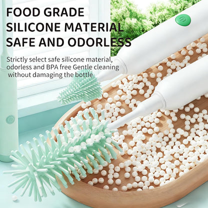Rechargeable Electric Bottle Brush with Stand - 360° Spin Silicone Cleaner for Baby Bottles, Breast Pumps & Small Household Containers (Light Green)