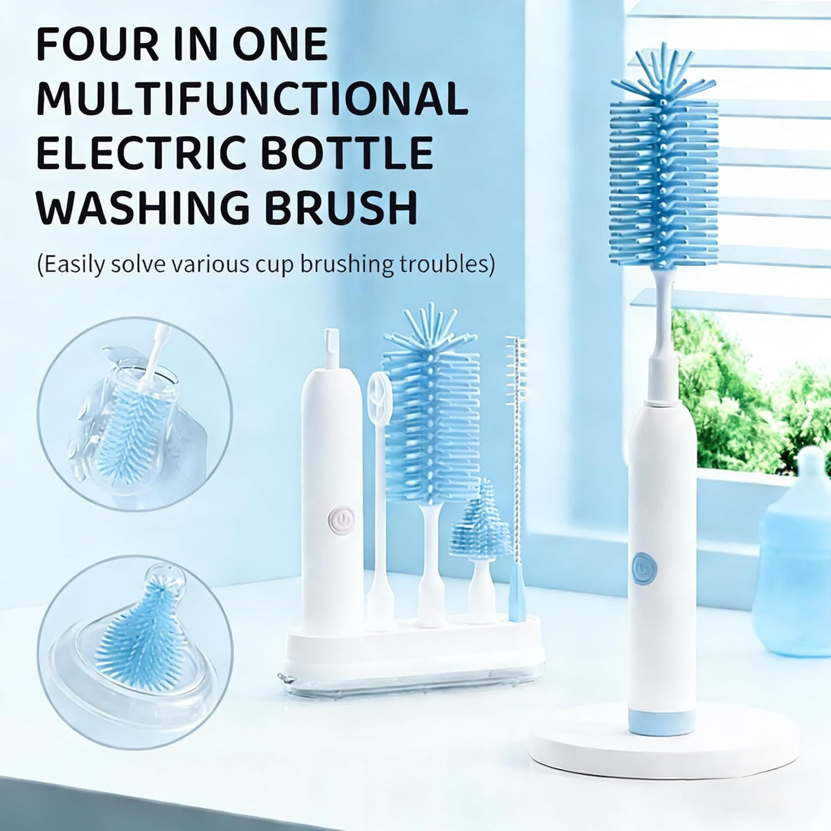 Rechargeable Electric Bottle Brush with Stand - 360° Spin Silicone Cleaner for Baby Bottles, Breast Pumps & Small Household Containers (Light Green)