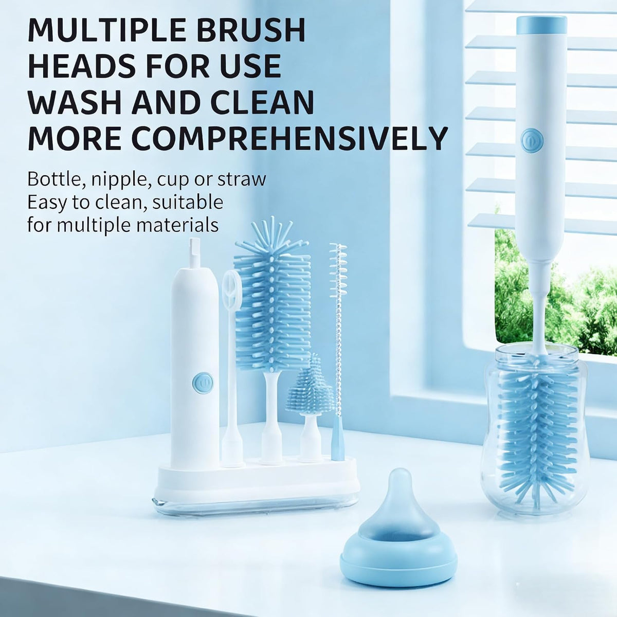 Rechargeable Electric Bottle Brush with Stand - 360° Spin Silicone Cleaner for Baby Bottles, Breast Pumps & Small Household Containers (Light Green)