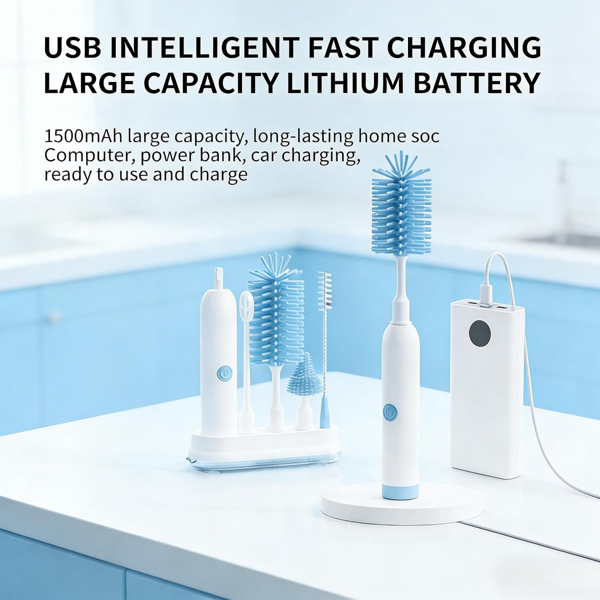 Rechargeable Electric Bottle Brush with Stand - 360° Spin Silicone Cleaner for Baby Bottles, Breast Pumps & Small Household Containers (Light Green)