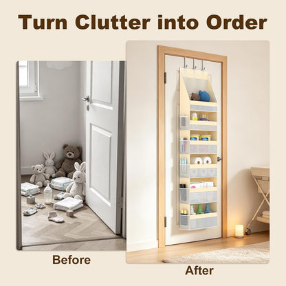 Over the Door Organizer, 6-Shelf Door Hanging Organizer with 13 Mesh Side Pockets, 55lbs Capacity Behind the Door Storage for Baby Nursery,Closet, Bathroom, Bedroom