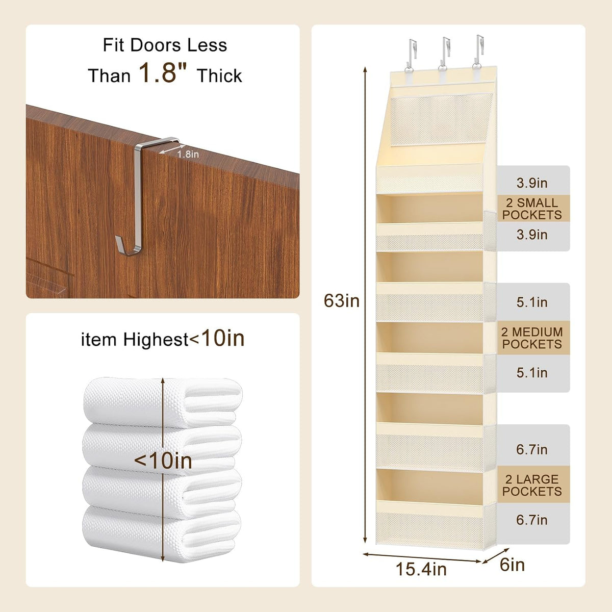 Over the Door Organizer, 6-Shelf Door Hanging Organizer with 13 Mesh Side Pockets, 55lbs Capacity Behind the Door Storage for Baby Nursery,Closet, Bathroom, Bedroom