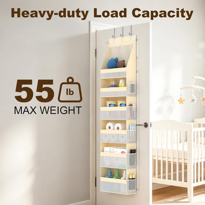 Over the Door Organizer, 6-Shelf Door Hanging Organizer with 13 Mesh Side Pockets, 55lbs Capacity Behind the Door Storage for Baby Nursery,Closet, Bathroom, Bedroom