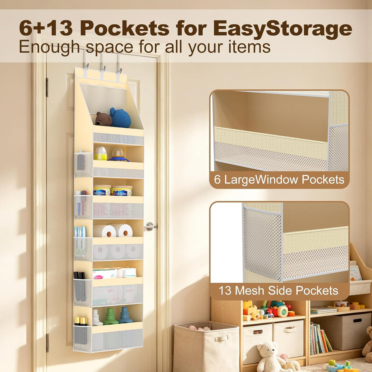 Over the Door Organizer, 6-Shelf Door Hanging Organizer with 13 Mesh Side Pockets, 55lbs Capacity Behind the Door Storage for Baby Nursery,Closet, Bathroom, Bedroom