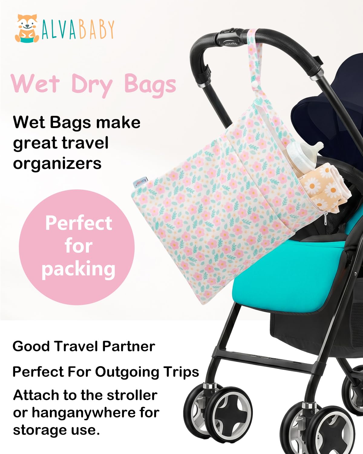 ALVA 2pcs Cloth Diaper Wet Dry Bags Waterproof Reusable with Two Zippered Pockets Travel Beach Pool Daycare Soiled Baby Items Yoga Gym Bag for Swimsuits or Wet Clothes 2LM05 - Colors B
