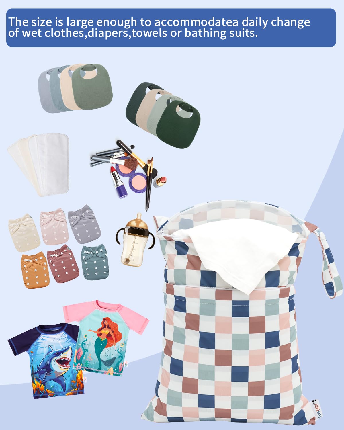 ALVA 2pcs Cloth Diaper Wet Dry Bags Waterproof Reusable with Two Zippered Pockets Travel Beach Pool Daycare Soiled Baby Items Yoga Gym Bag for Swimsuits or Wet Clothes 2LM05 - Colors B