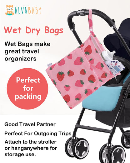 ALVA 2pcs Cloth Diaper Wet Dry Bags Waterproof Reusable with Two Zippered Pockets Travel Beach Pool Daycare Soiled Baby Items Yoga Gym Bag for Swimsuits or Wet Clothes 2LM05 - Colors B
