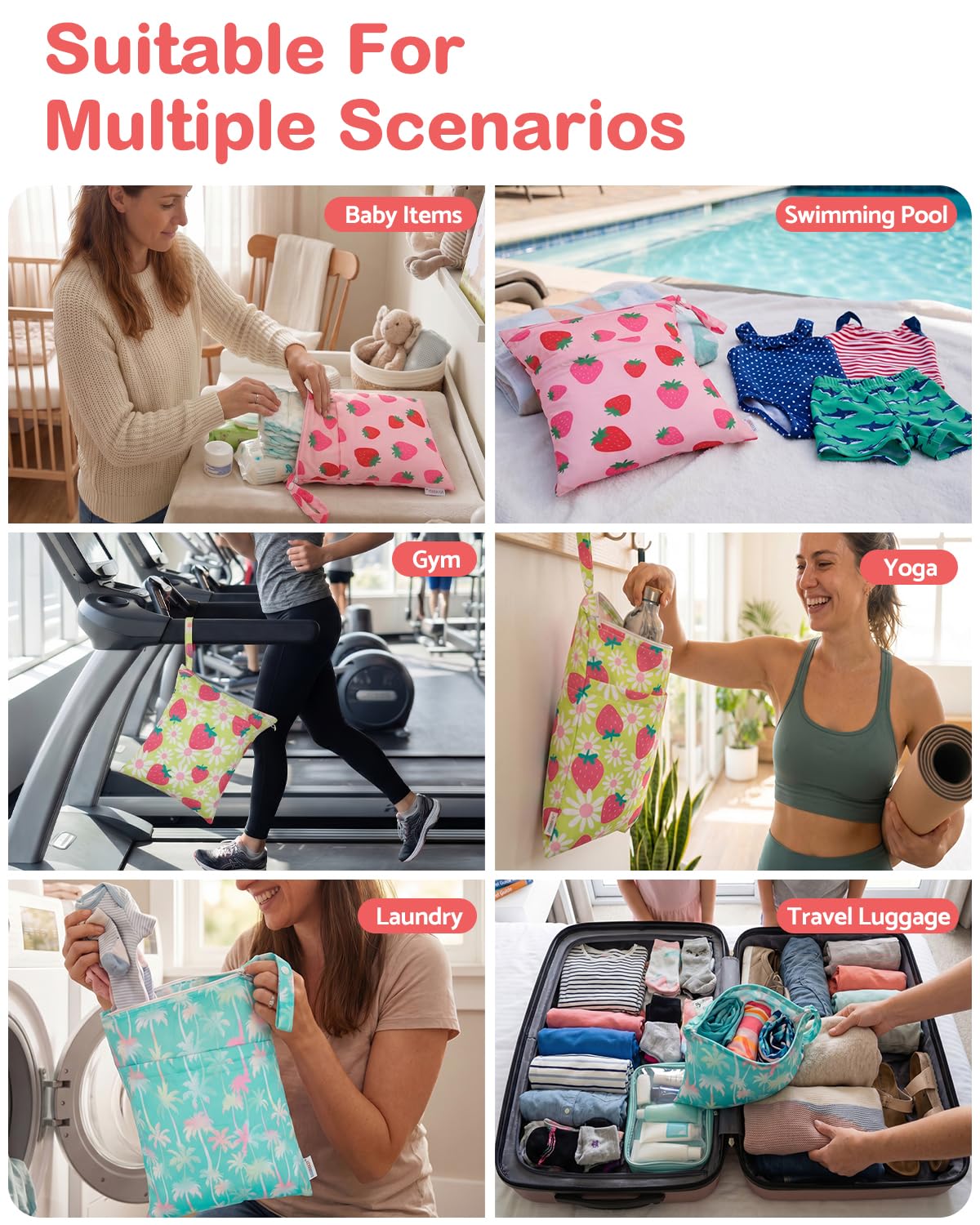 ALVA 2pcs Cloth Diaper Wet Dry Bags Waterproof Reusable with Two Zippered Pockets Travel Beach Pool Daycare Soiled Baby Items Yoga Gym Bag for Swimsuits or Wet Clothes 2LM05 - Colors B