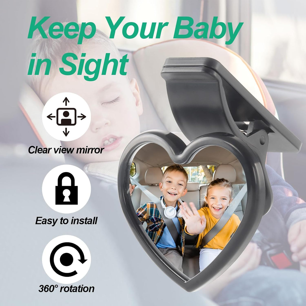 Baby Car Mirror Rear Facing,Convex Rear View Baby Mirrors for Cars,Automotive Interior 360 Degrees Adjustable Love Mirrors to See Kids,Babies,Infants and Newborn(Suction Cup Install)