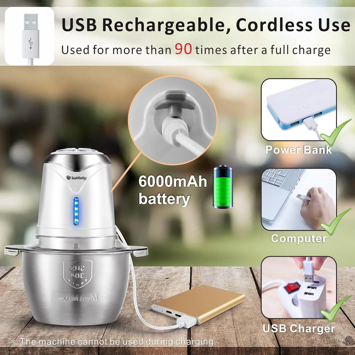 Cordless Food Processor, 5-Cup Stainless Steel Wireless Chopper w/ 2 Speeds