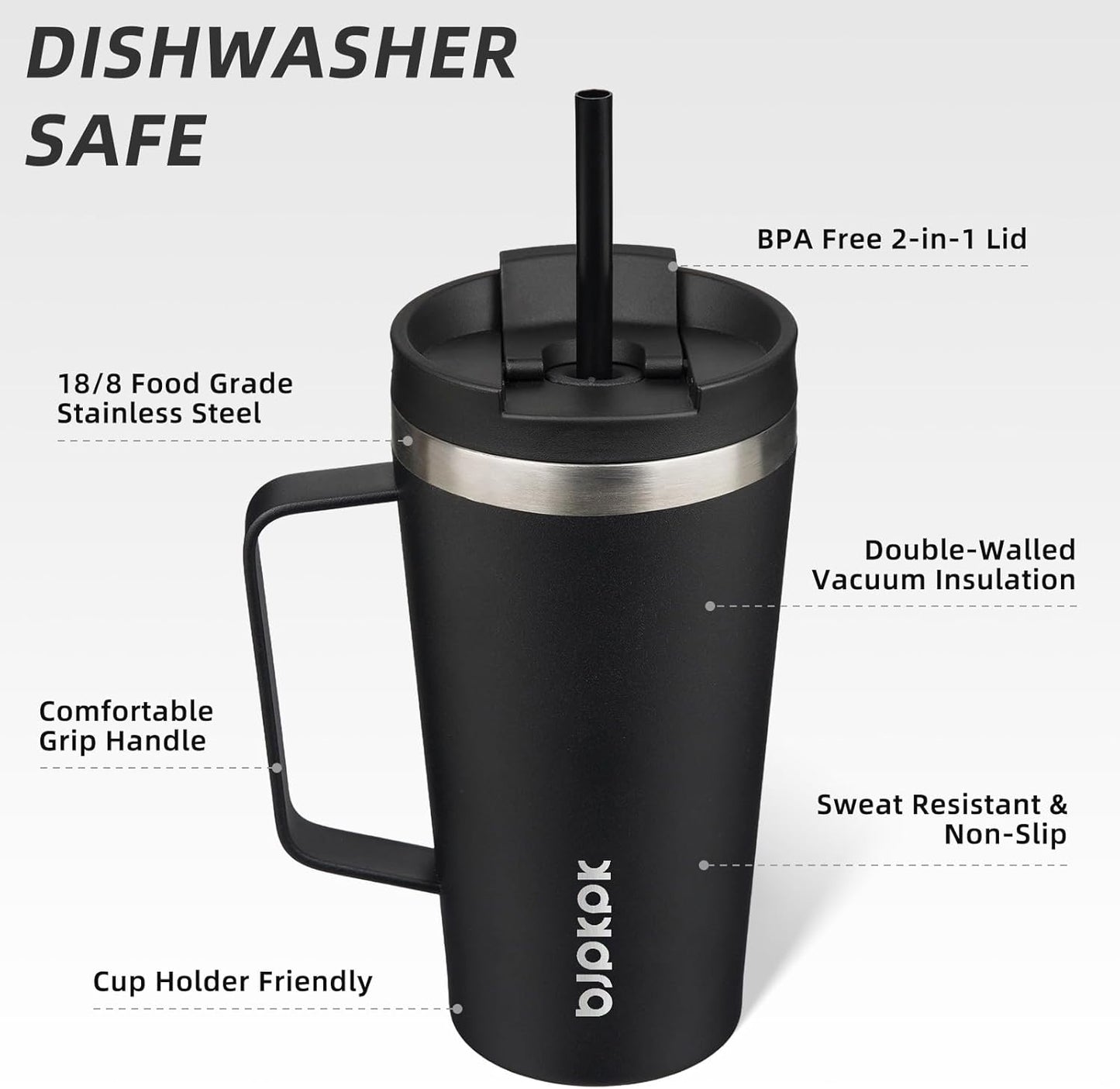 26oz Insulated Tumbler with Handle, Lid & Straw, Stainless Steel | Double Wall Vacuum Insulated Coffee Travel Mug - Keeps Cold & Hot, BPA Free, Cupholder Fit for Office, Gym & Travel