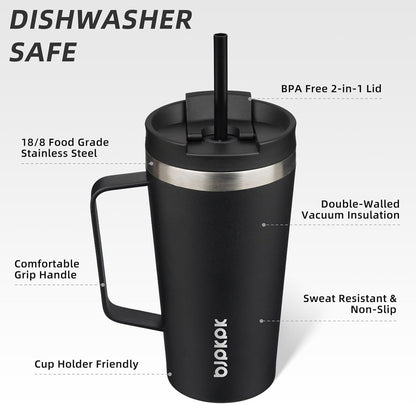 26oz Insulated Tumbler with Handle, Lid & Straw, Stainless Steel | Double Wall Vacuum Insulated Coffee Travel Mug - Keeps Cold & Hot, BPA Free, Cupholder Fit for Office, Gym & Travel