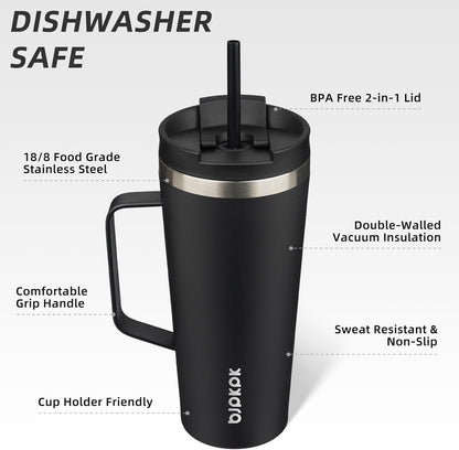 26oz Insulated Tumbler with Handle, Lid & Straw, Stainless Steel | Double Wall Vacuum Insulated Coffee Travel Mug - Keeps Cold & Hot, BPA Free, Cupholder Fit for Office, Gym & Travel