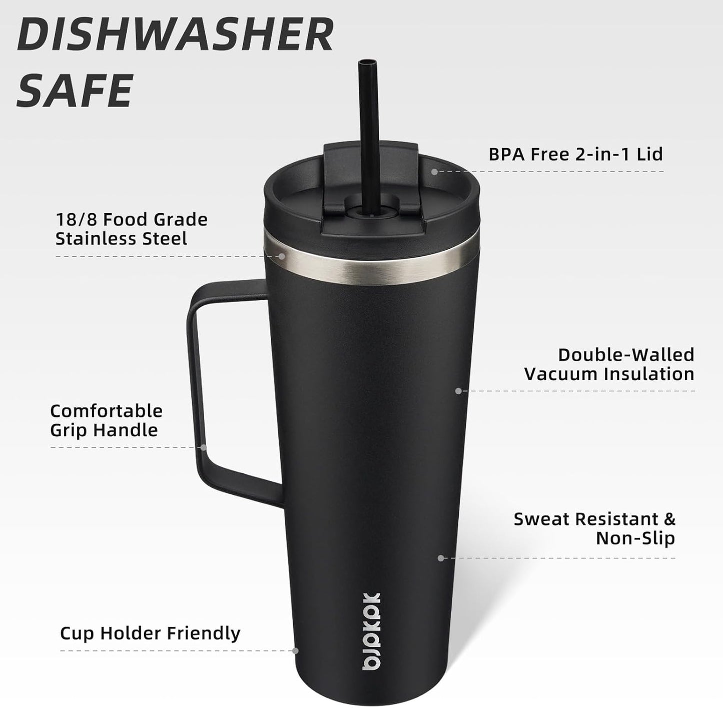 26oz Insulated Tumbler with Handle, Lid & Straw, Stainless Steel | Double Wall Vacuum Insulated Coffee Travel Mug - Keeps Cold & Hot, BPA Free, Cupholder Fit for Office, Gym & Travel