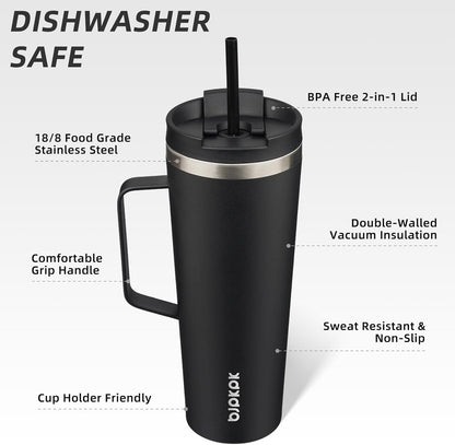 26oz Insulated Tumbler with Handle, Lid & Straw, Stainless Steel | Double Wall Vacuum Insulated Coffee Travel Mug - Keeps Cold & Hot, BPA Free, Cupholder Fit for Office, Gym & Travel