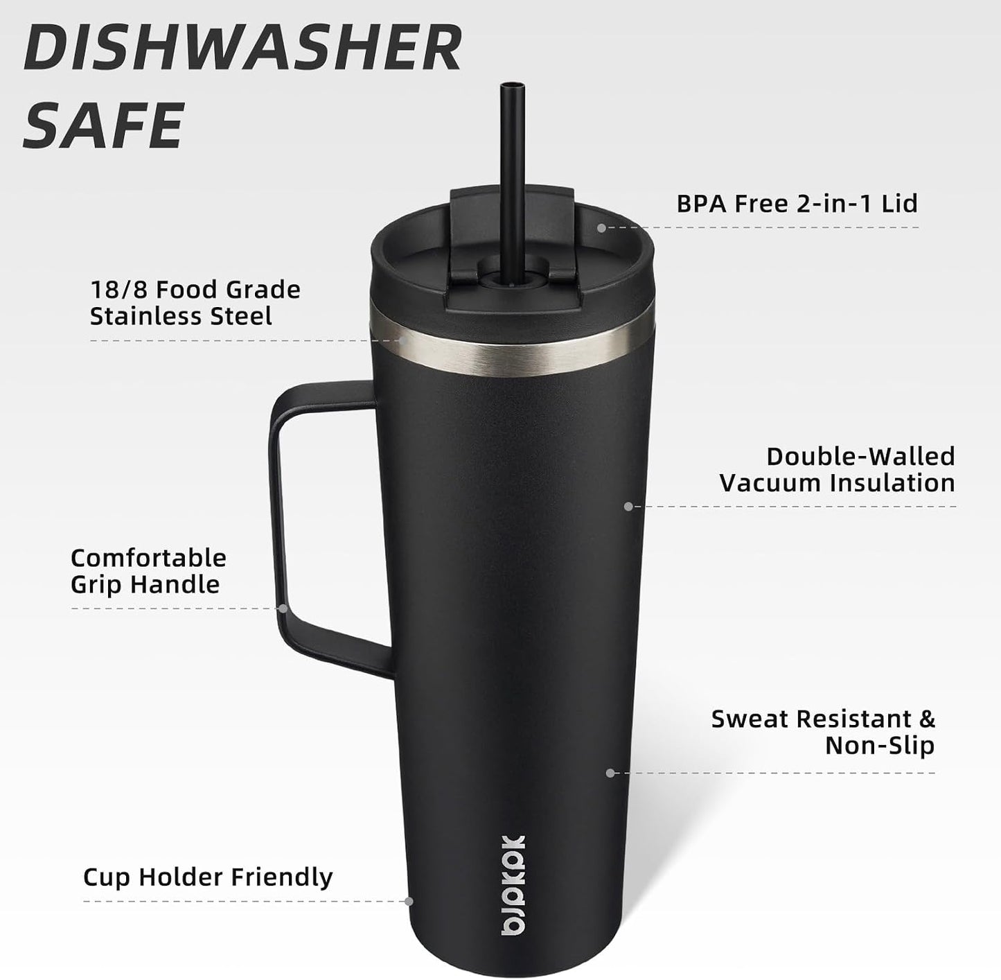26oz Insulated Tumbler with Handle, Lid & Straw, Stainless Steel | Double Wall Vacuum Insulated Coffee Travel Mug - Keeps Cold & Hot, BPA Free, Cupholder Fit for Office, Gym & Travel