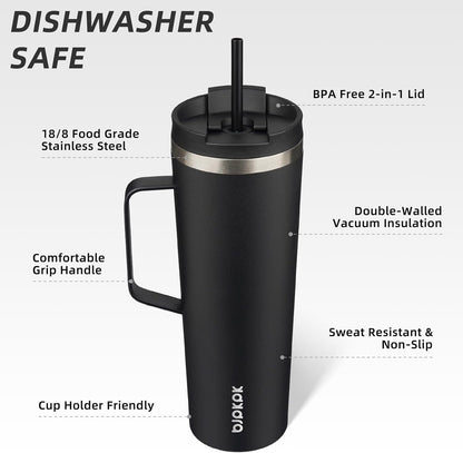 26oz Insulated Tumbler with Handle, Lid & Straw, Stainless Steel | Double Wall Vacuum Insulated Coffee Travel Mug - Keeps Cold & Hot, BPA Free, Cupholder Fit for Office, Gym & Travel