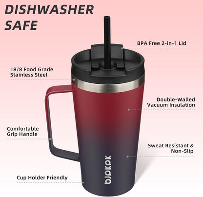 26oz Insulated Tumbler with Handle, Lid & Straw, Stainless Steel | Double Wall Vacuum Insulated Coffee Travel Mug - Keeps Cold & Hot, BPA Free, Cupholder Fit for Office, Gym & Travel
