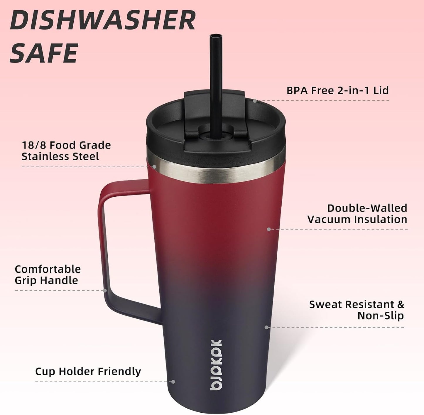 26oz Insulated Tumbler with Handle, Lid & Straw, Stainless Steel | Double Wall Vacuum Insulated Coffee Travel Mug - Keeps Cold & Hot, BPA Free, Cupholder Fit for Office, Gym & Travel