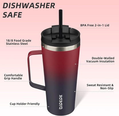 26oz Insulated Tumbler with Handle, Lid & Straw, Stainless Steel | Double Wall Vacuum Insulated Coffee Travel Mug - Keeps Cold & Hot, BPA Free, Cupholder Fit for Office, Gym & Travel