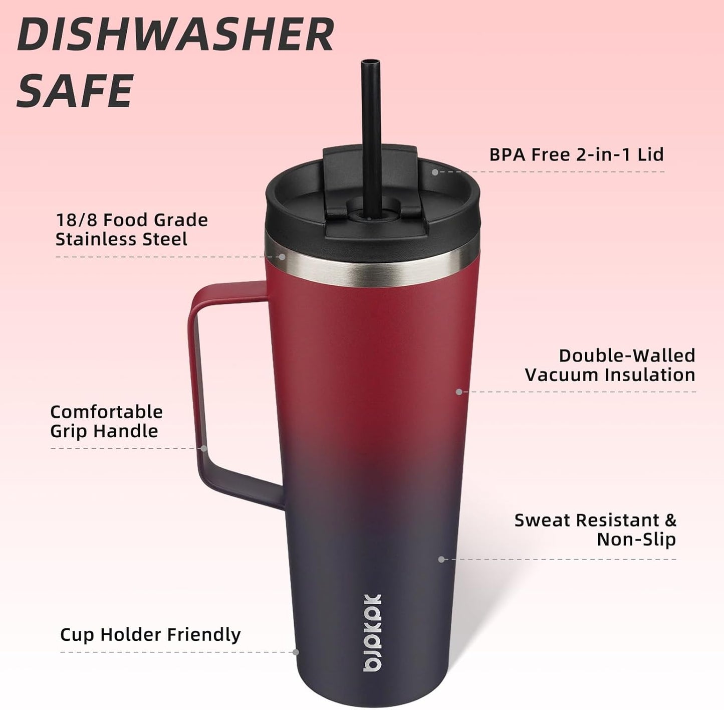 26oz Insulated Tumbler with Handle, Lid & Straw, Stainless Steel | Double Wall Vacuum Insulated Coffee Travel Mug - Keeps Cold & Hot, BPA Free, Cupholder Fit for Office, Gym & Travel
