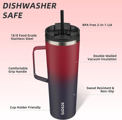26oz Insulated Tumbler with Handle, Lid & Straw, Stainless Steel | Double Wall Vacuum Insulated Coffee Travel Mug - Keeps Cold & Hot, BPA Free, Cupholder Fit for Office, Gym & Travel