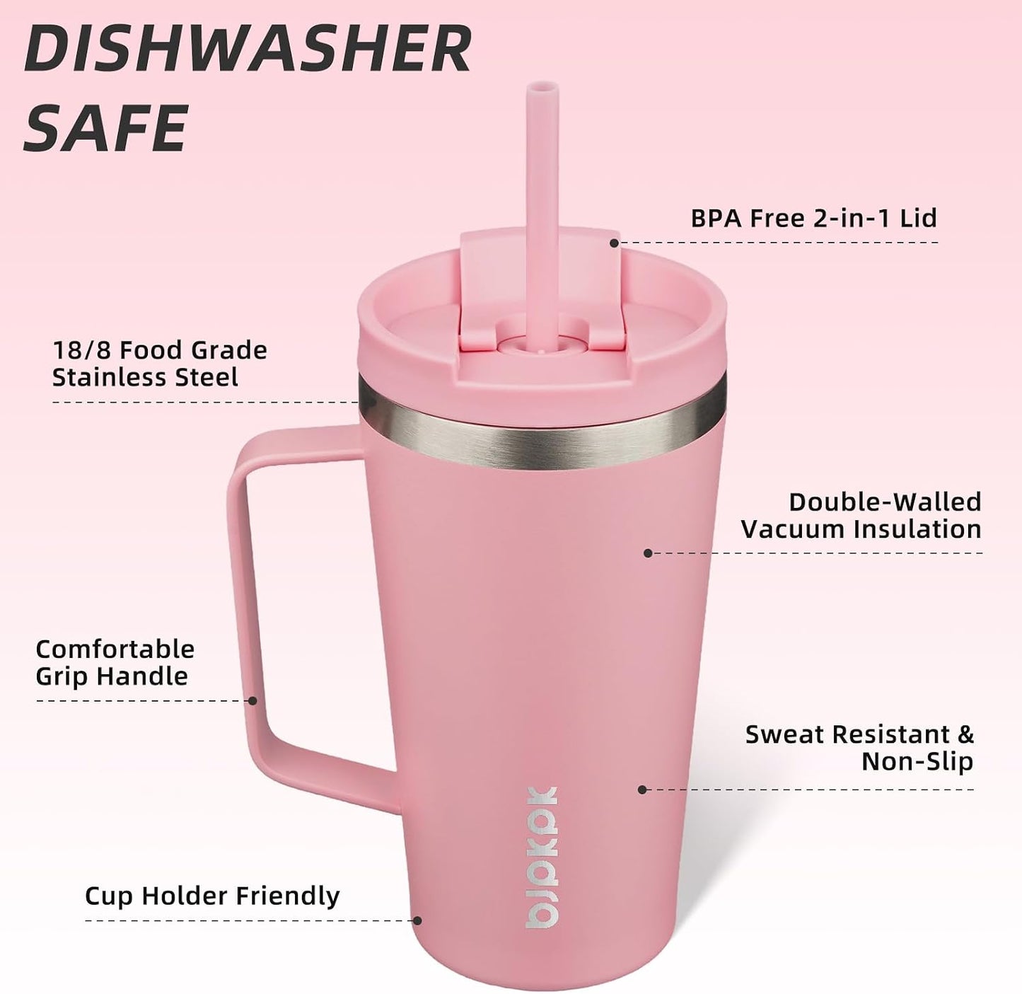 26oz Insulated Tumbler with Handle, Lid & Straw, Stainless Steel | Double Wall Vacuum Insulated Coffee Travel Mug - Keeps Cold & Hot, BPA Free, Cupholder Fit for Office, Gym & Travel