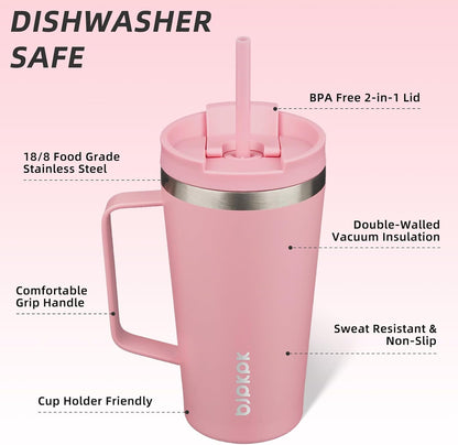 26oz Insulated Tumbler with Handle, Lid & Straw, Stainless Steel | Double Wall Vacuum Insulated Coffee Travel Mug - Keeps Cold & Hot, BPA Free, Cupholder Fit for Office, Gym & Travel
