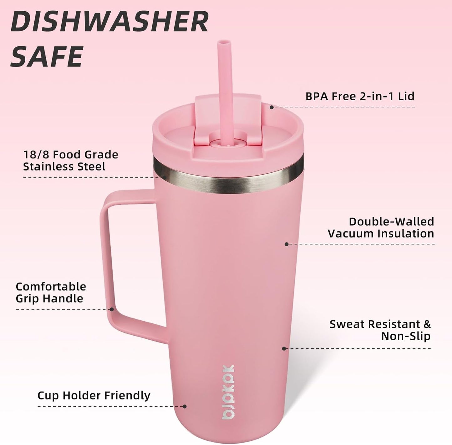 26oz Insulated Tumbler with Handle, Lid & Straw, Stainless Steel | Double Wall Vacuum Insulated Coffee Travel Mug - Keeps Cold & Hot, BPA Free, Cupholder Fit for Office, Gym & Travel