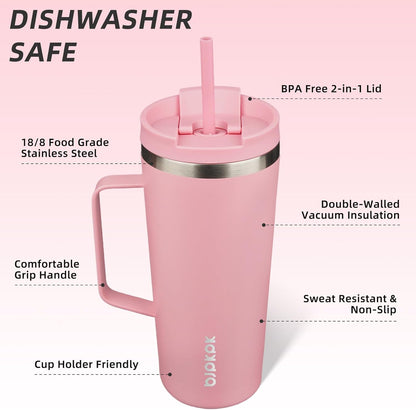 26oz Insulated Tumbler with Handle, Lid & Straw, Stainless Steel | Double Wall Vacuum Insulated Coffee Travel Mug - Keeps Cold & Hot, BPA Free, Cupholder Fit for Office, Gym & Travel