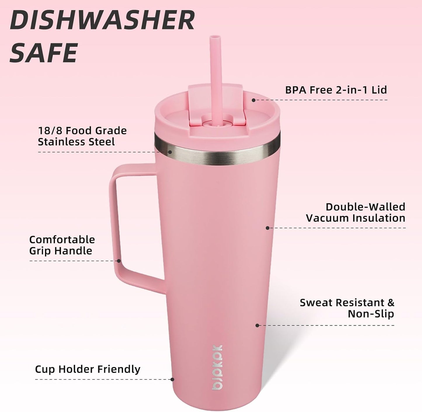 26oz Insulated Tumbler with Handle, Lid & Straw, Stainless Steel | Double Wall Vacuum Insulated Coffee Travel Mug - Keeps Cold & Hot, BPA Free, Cupholder Fit for Office, Gym & Travel