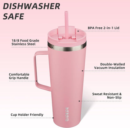 26oz Insulated Tumbler with Handle, Lid & Straw, Stainless Steel | Double Wall Vacuum Insulated Coffee Travel Mug - Keeps Cold & Hot, BPA Free, Cupholder Fit for Office, Gym & Travel