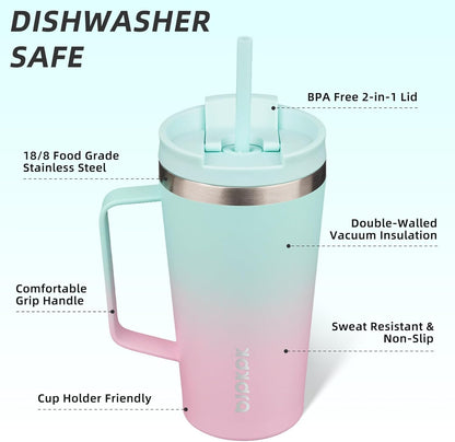 26oz Insulated Tumbler with Handle, Lid & Straw, Stainless Steel | Double Wall Vacuum Insulated Coffee Travel Mug - Keeps Cold & Hot, BPA Free, Cupholder Fit for Office, Gym & Travel