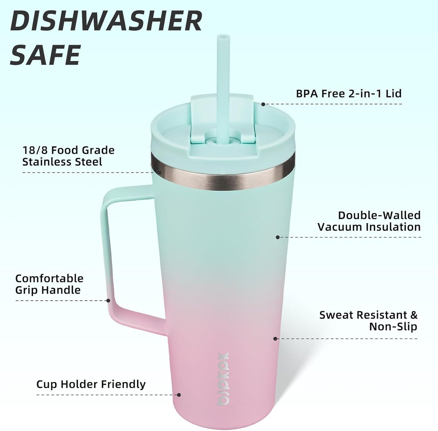 26oz Insulated Tumbler with Handle, Lid & Straw, Stainless Steel | Double Wall Vacuum Insulated Coffee Travel Mug - Keeps Cold & Hot, BPA Free, Cupholder Fit for Office, Gym & Travel