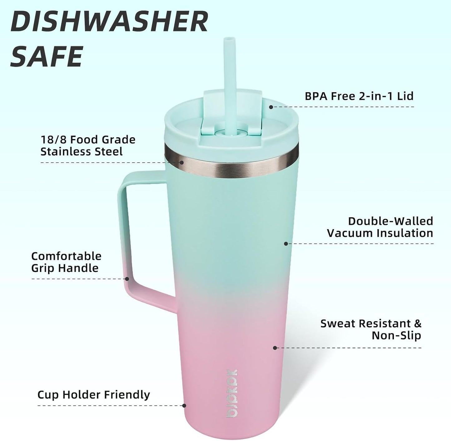 26oz Insulated Tumbler with Handle, Lid & Straw, Stainless Steel | Double Wall Vacuum Insulated Coffee Travel Mug - Keeps Cold & Hot, BPA Free, Cupholder Fit for Office, Gym & Travel