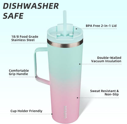 26oz Insulated Tumbler with Handle, Lid & Straw, Stainless Steel | Double Wall Vacuum Insulated Coffee Travel Mug - Keeps Cold & Hot, BPA Free, Cupholder Fit for Office, Gym & Travel