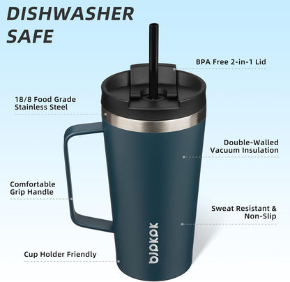 26oz Insulated Tumbler with Handle, Lid & Straw, Stainless Steel | Double Wall Vacuum Insulated Coffee Travel Mug - Keeps Cold & Hot, BPA Free, Cupholder Fit for Office, Gym & Travel