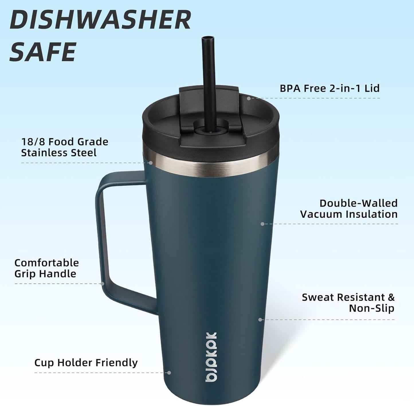 26oz Insulated Tumbler with Handle, Lid & Straw, Stainless Steel | Double Wall Vacuum Insulated Coffee Travel Mug - Keeps Cold & Hot, BPA Free, Cupholder Fit for Office, Gym & Travel