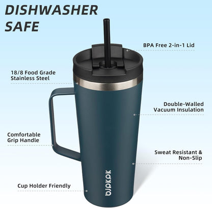 26oz Insulated Tumbler with Handle, Lid & Straw, Stainless Steel | Double Wall Vacuum Insulated Coffee Travel Mug - Keeps Cold & Hot, BPA Free, Cupholder Fit for Office, Gym & Travel