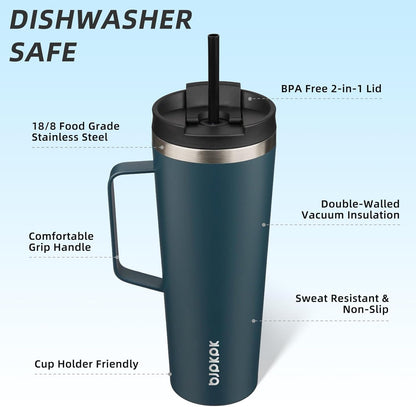 26oz Insulated Tumbler with Handle, Lid & Straw, Stainless Steel | Double Wall Vacuum Insulated Coffee Travel Mug - Keeps Cold & Hot, BPA Free, Cupholder Fit for Office, Gym & Travel