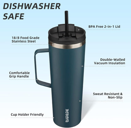 26oz Insulated Tumbler with Handle, Lid & Straw, Stainless Steel | Double Wall Vacuum Insulated Coffee Travel Mug - Keeps Cold & Hot, BPA Free, Cupholder Fit for Office, Gym & Travel