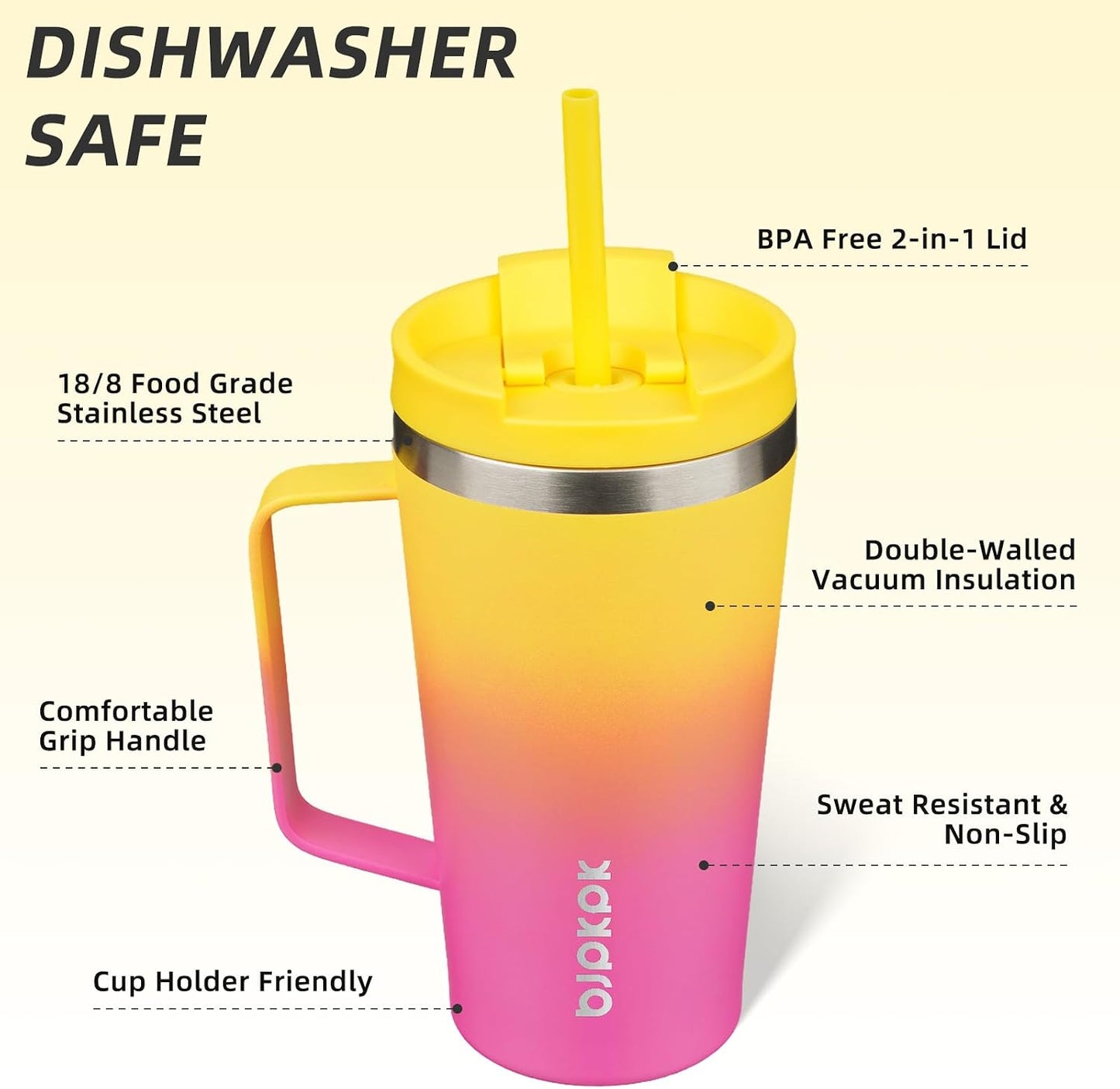 26oz Insulated Tumbler with Handle, Lid & Straw, Stainless Steel | Double Wall Vacuum Insulated Coffee Travel Mug - Keeps Cold & Hot, BPA Free, Cupholder Fit for Office, Gym & Travel