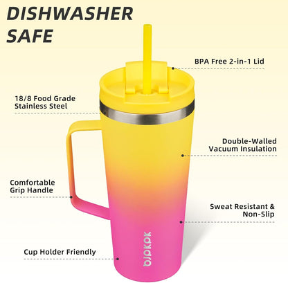 26oz Insulated Tumbler with Handle, Lid & Straw, Stainless Steel | Double Wall Vacuum Insulated Coffee Travel Mug - Keeps Cold & Hot, BPA Free, Cupholder Fit for Office, Gym & Travel