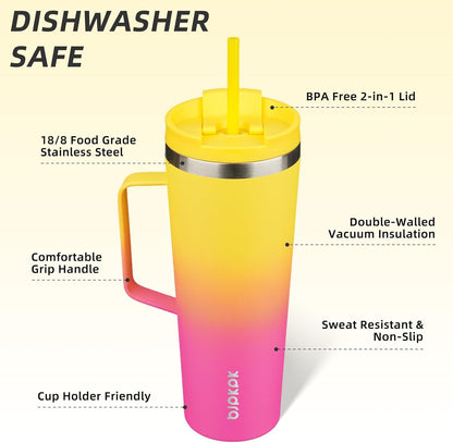 26oz Insulated Tumbler with Handle, Lid & Straw, Stainless Steel | Double Wall Vacuum Insulated Coffee Travel Mug - Keeps Cold & Hot, BPA Free, Cupholder Fit for Office, Gym & Travel