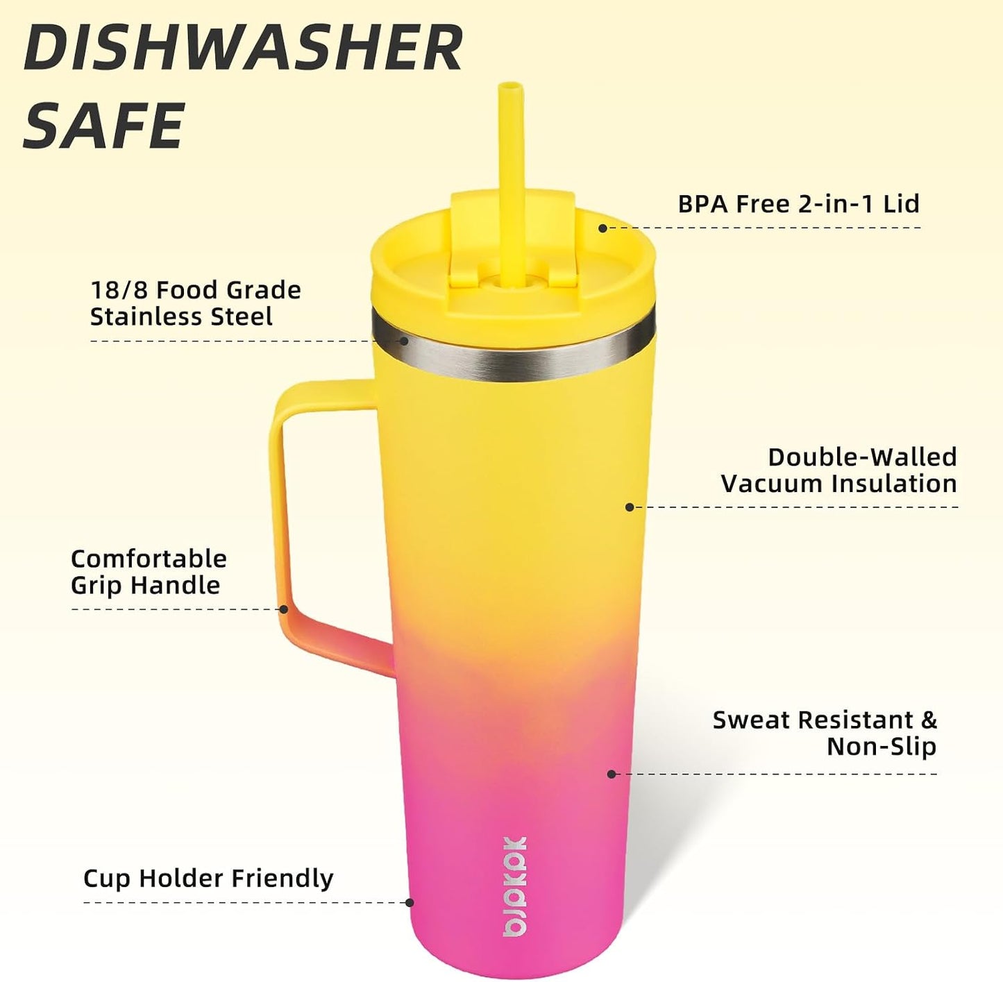 26oz Insulated Tumbler with Handle, Lid & Straw, Stainless Steel | Double Wall Vacuum Insulated Coffee Travel Mug - Keeps Cold & Hot, BPA Free, Cupholder Fit for Office, Gym & Travel