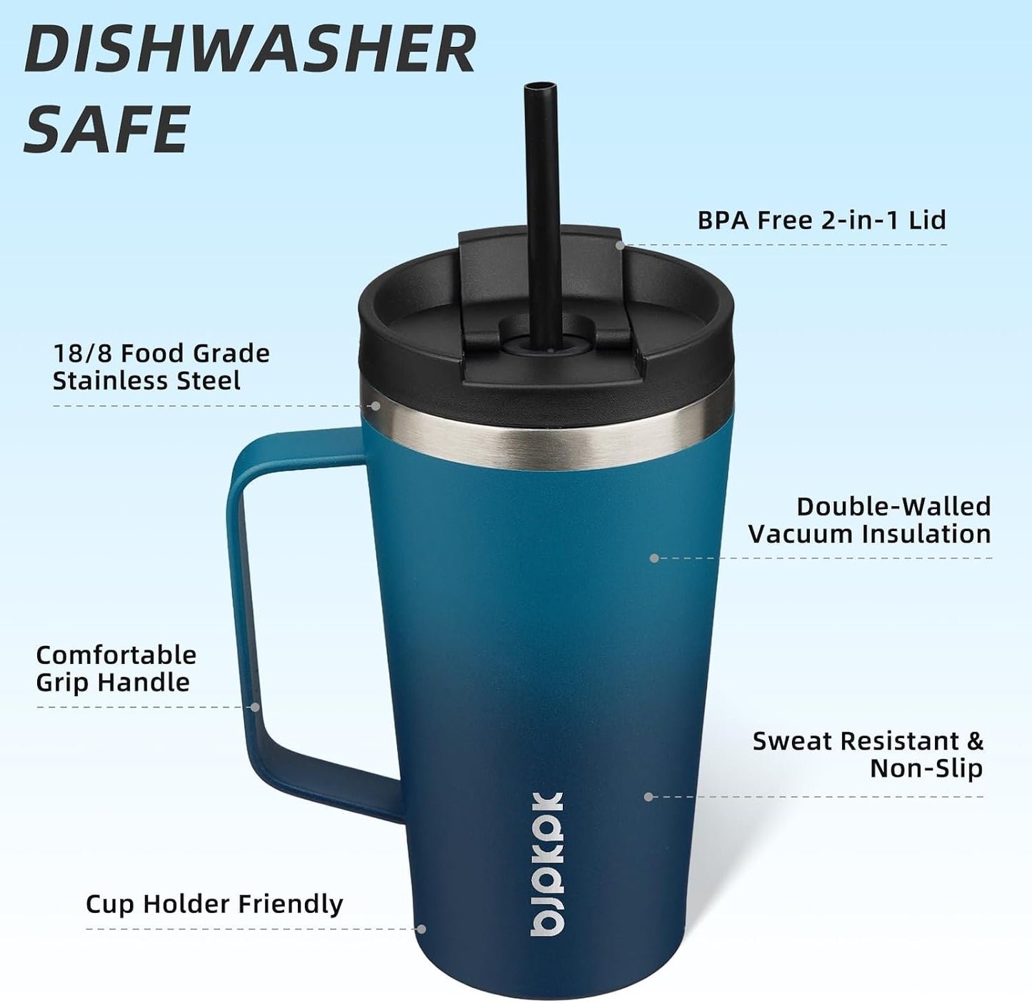 26oz Insulated Tumbler with Handle, Lid & Straw, Stainless Steel | Double Wall Vacuum Insulated Coffee Travel Mug - Keeps Cold & Hot, BPA Free, Cupholder Fit for Office, Gym & Travel